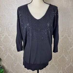Elle Size Medium Black Knit Sweater Black Scattered Sequin Front 3/4 Sleeve